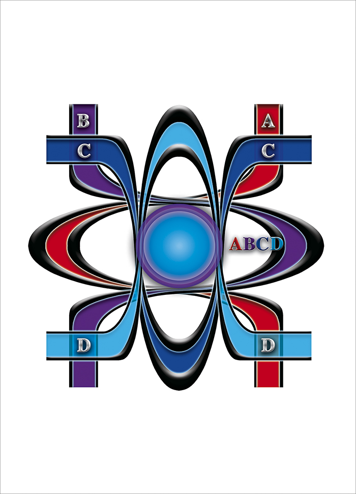 Схематичное изображение неоднородности, заполненной первоматериями А, В, С и D