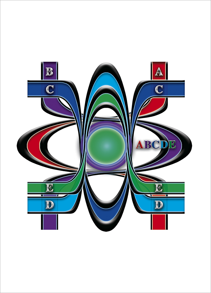 Схематичное изображение неоднородности, заполненной первоматериями А, В, С, D и Е